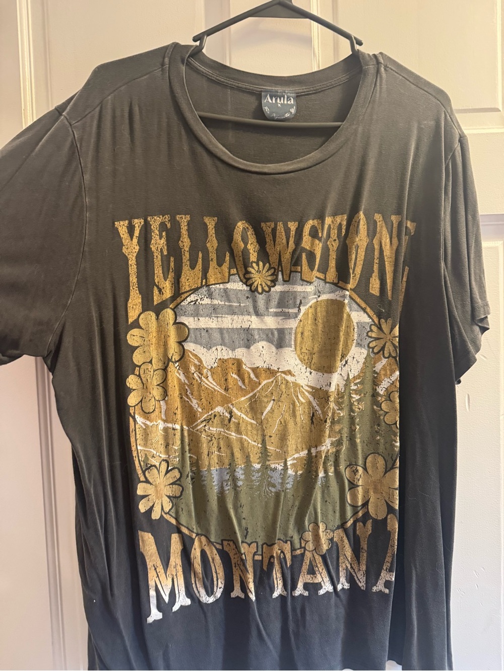 ARULA Black Graphic Tee with Gold and Olive Print